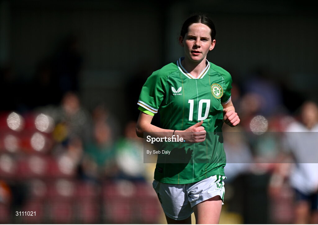 17 April 2025; Ellen Goggin of Republic of Ireland during the Girls U15 SAFIB Bob Docherty Cup match between Northern Ireland and Republic of Ireland at Greenisland FC in Antrim. Photo by Seb Daly/Sportsfile