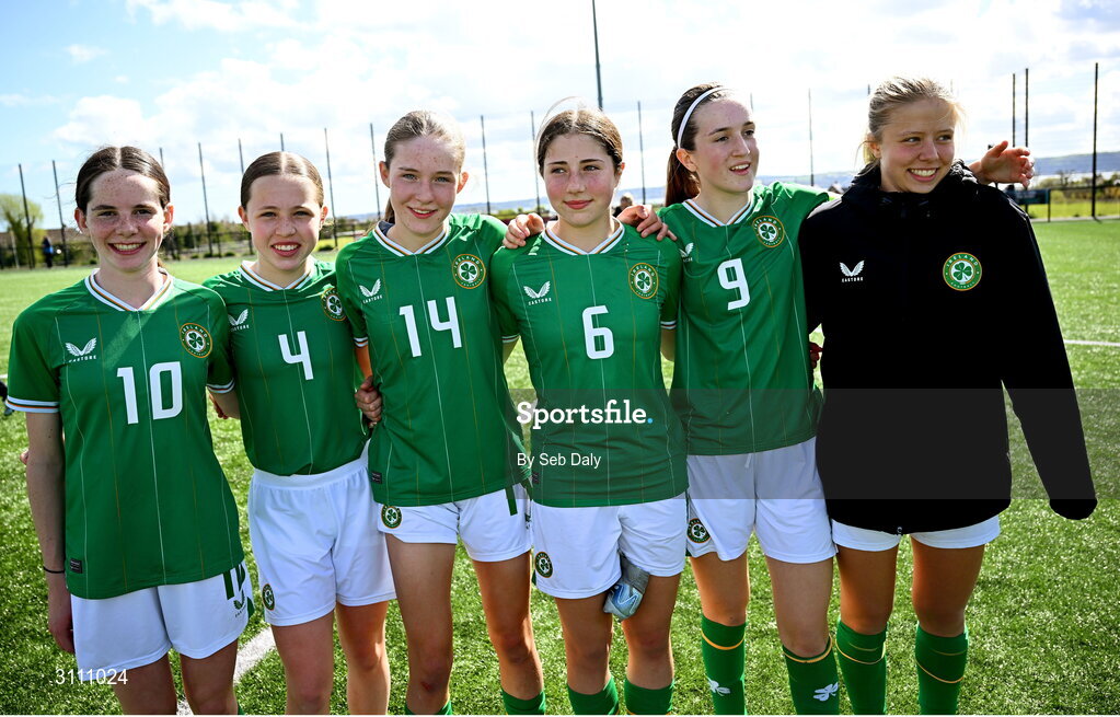 17 April 2025; Republic of Ireland players, from left, Ellen Goggin, Skye Barrett, Hailey Twomey, Lara Dallaghan, Ciara Milton and Matylda Stelmaszek after the Girls U15 SAFIB Bob Docherty Cup match between Northern Ireland and Republic of Ireland at Greenisland FC in Antrim. Photo by Seb Daly/Sportsfile