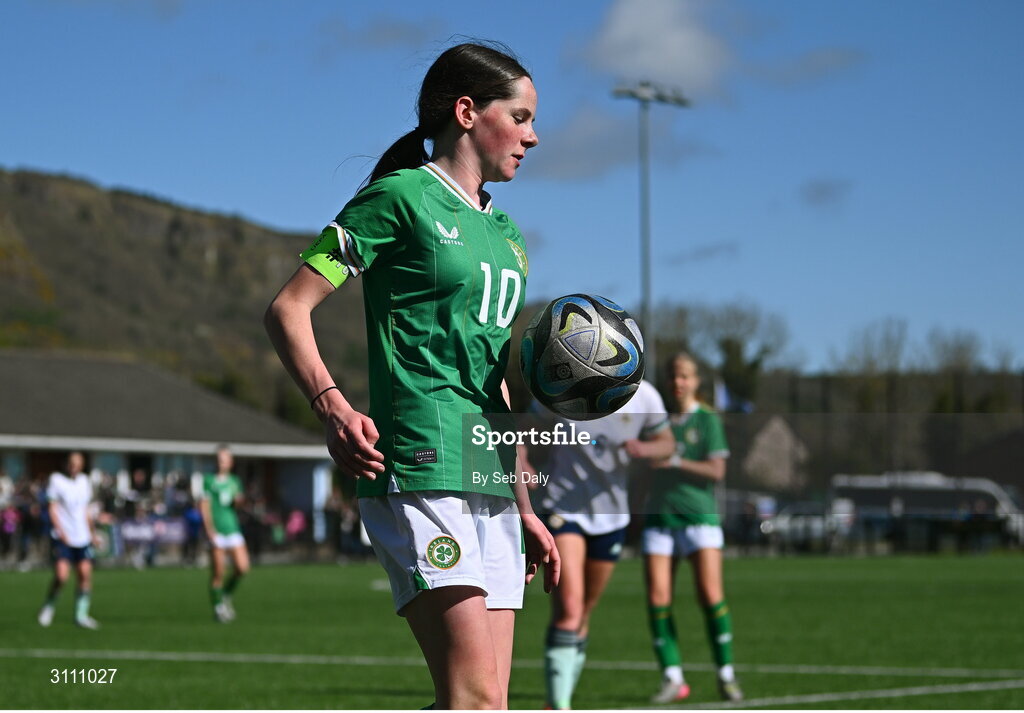 17 April 2025; Ellen Goggin of Republic of Ireland during the Girls U15 SAFIB Bob Docherty Cup match between Northern Ireland and Republic of Ireland at Greenisland FC in Antrim. Photo by Seb Daly/Sportsfile