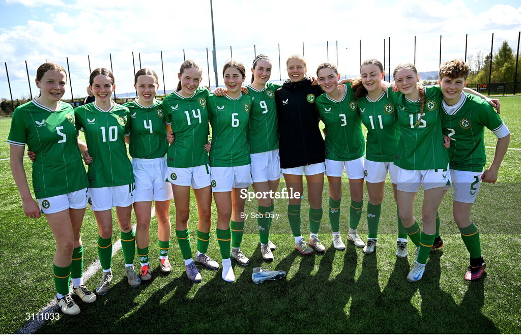 17 April 2025; Republic of Ireland players, from left, Ruby Boland, Ellen Goggin, Skye Barrett, Hailey Twomey, Lara Dallaghan, Ciara Milton, Matylda Stelmaszek, Ava Hallinan, Abbie Duffy,   Ava Kelly and Leah O’Leary Callender after the Girls U15 SAFIB Bob Docherty Cup match between Northern Ireland and Republic of Ireland at Greenisland FC in Antrim. Photo by Seb Daly/Sportsfile
