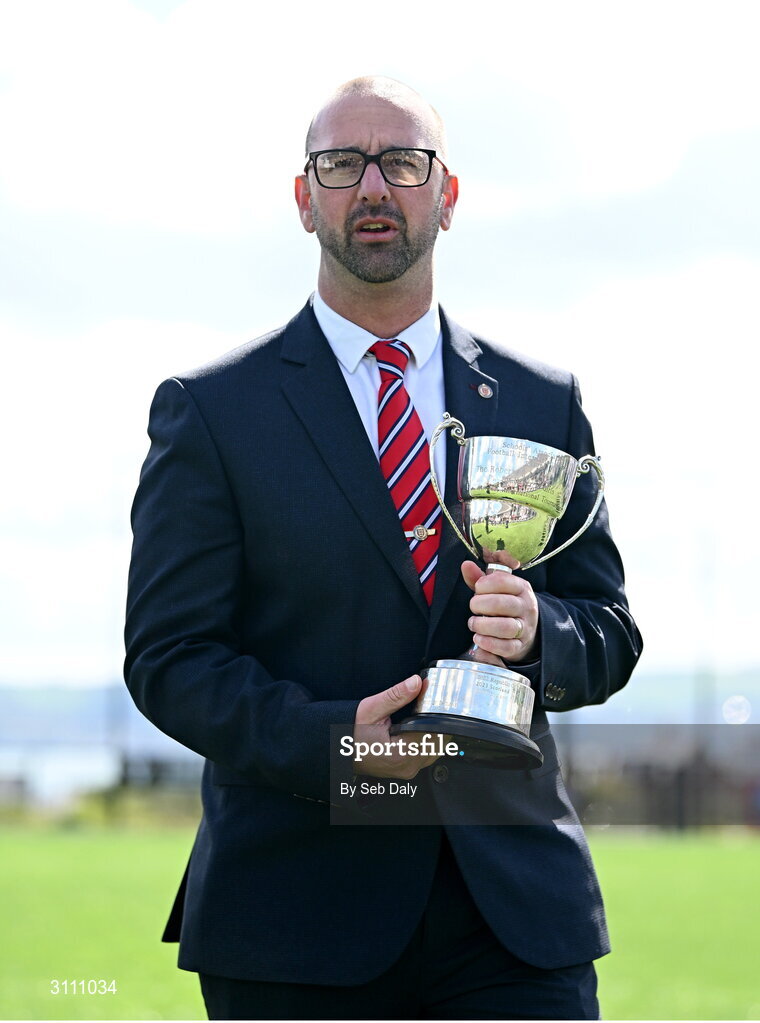 17 April 2025; Schools' Association Football International Board chair Mark Hignett speaking after the Girls U15 SAFIB Bob Docherty Cup match between Northern Ireland and Republic of Ireland at Greenisland FC in Antrim. Photo by Seb Daly/Sportsfile