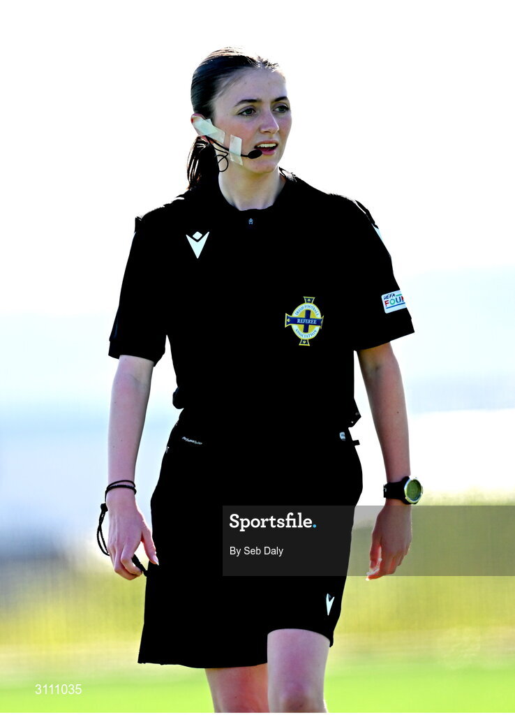 17 April 2025; Referee Carly Burns during the Girls U15 SAFIB Bob Docherty Cup match between Northern Ireland and Republic of Ireland at Greenisland FC in Antrim. Photo by Seb Daly/Sportsfile