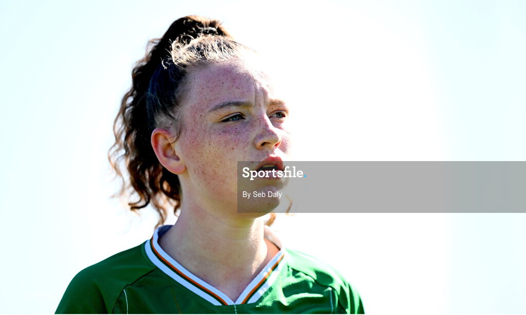 17 April 2025; Laila Hurley of Republic of Ireland during the Girls U15 SAFIB Bob Docherty Cup match between Northern Ireland and Republic of Ireland at Greenisland FC in Antrim. Photo by Seb Daly/Sportsfile