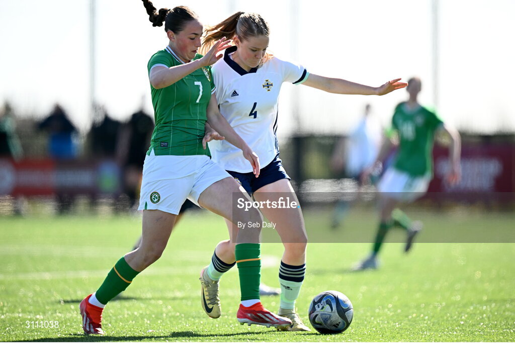 17 April 2025; Halle Harcourt of Republic of Ireland in action against Sasha Cowan of Northern Ireland during the Girls U15 SAFIB Bob Docherty Cup match between Northern Ireland and Republic of Ireland at Greenisland FC in Antrim. Photo by Seb Daly/Sportsfile