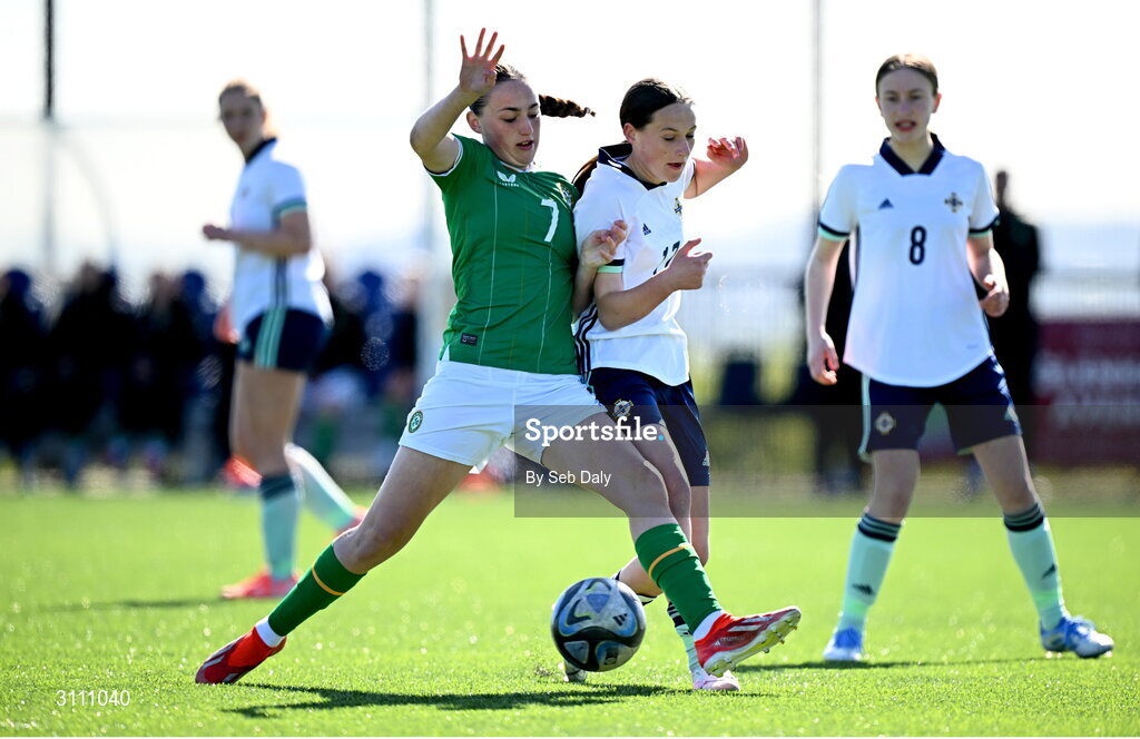 17 April 2025; Halle Harcourt of Republic of Ireland in action against Sasha Cowan of Northern Ireland during the Girls U15 SAFIB Bob Docherty Cup match between Northern Ireland and Republic of Ireland at Greenisland FC in Antrim. Photo by Seb Daly/Sportsfile