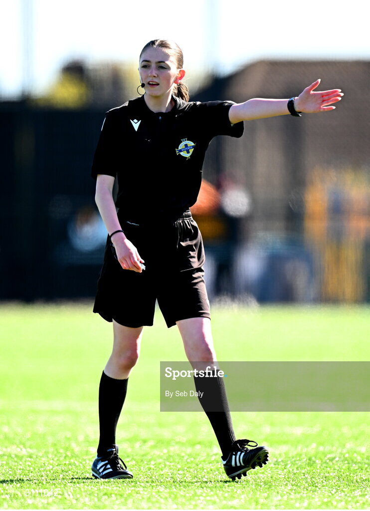 17 April 2025; Referee Carly Burns during the Girls U15 SAFIB Bob Docherty Cup match between Northern Ireland and Republic of Ireland at Greenisland FC in Antrim. Photo by Seb Daly/Sportsfile