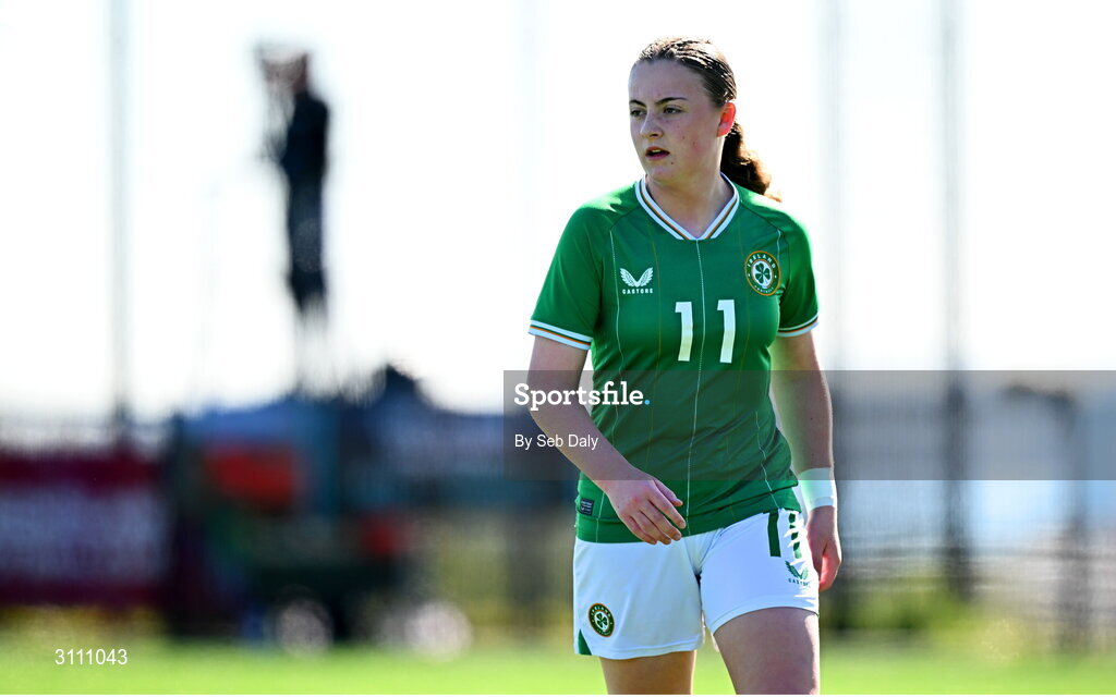17 April 2025; Abbie Duffy of Republic of Ireland during the Girls U15 SAFIB Bob Docherty Cup match between Northern Ireland and Republic of Ireland at Greenisland FC in Antrim. Photo by Seb Daly/Sportsfile