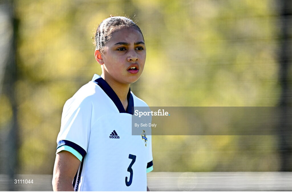 17 April 2025; Anayah Lee of Northern Ireland during the Girls U15 SAFIB Bob Docherty Cup match between Northern Ireland and Republic of Ireland at Greenisland FC in Antrim. Photo by Seb Daly/Sportsfile