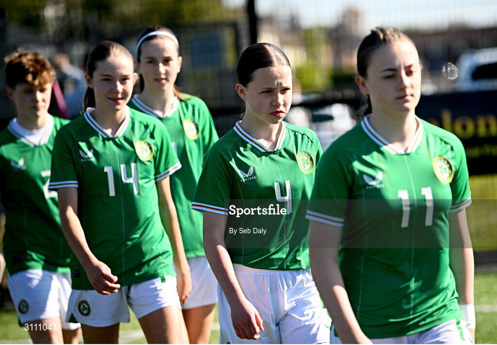 17 April 2025; Skye Barrett of Republic of Ireland, 4, before the Girls U15 SAFIB Bob Docherty Cup match between Northern Ireland and Republic of Ireland at Greenisland FC in Antrim. Photo by Seb Daly/Sportsfile