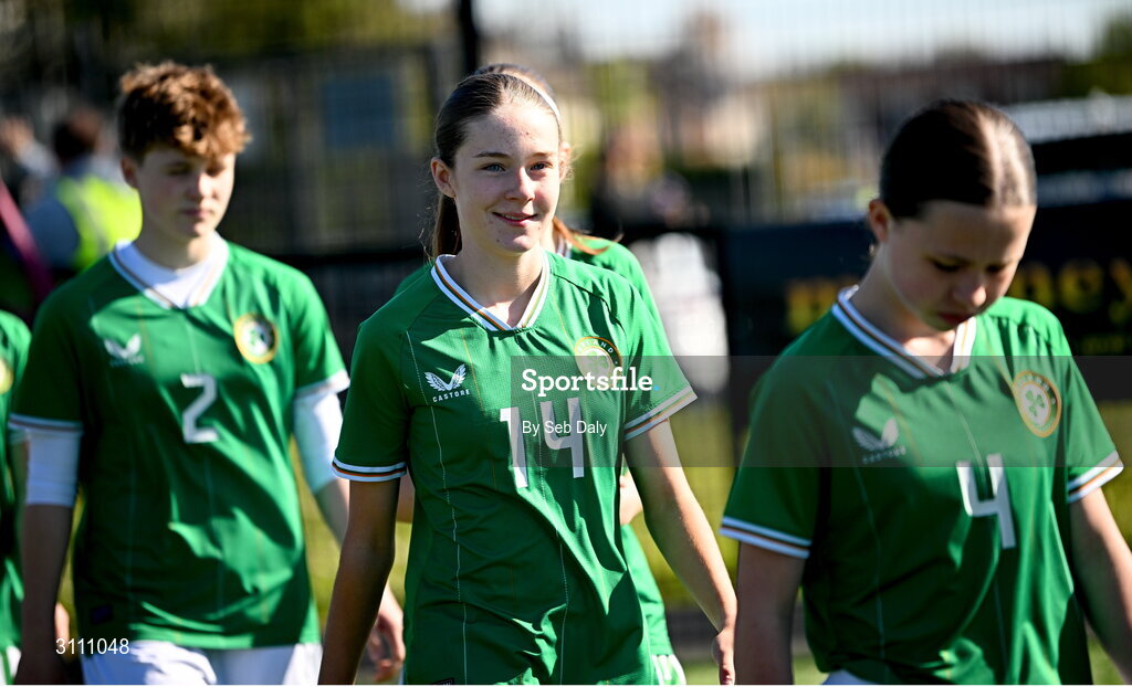 17 April 2025; Hailey Twomey of Republic of Ireland, 14, before the Girls U15 SAFIB Bob Docherty Cup match between Northern Ireland and Republic of Ireland at Greenisland FC in Antrim. Photo by Seb Daly/Sportsfile