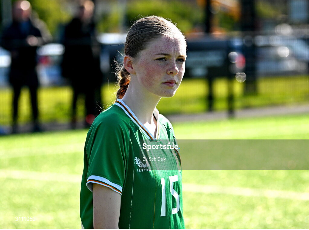 17 April 2025; Ava Kelly of Republic of Ireland before the Girls U15 SAFIB Bob Docherty Cup match between Northern Ireland and Republic of Ireland at Greenisland FC in Antrim. Photo by Seb Daly/Sportsfile