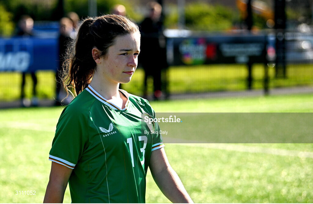 17 April 2025; Maisy Healy of Republic of Ireland before the Girls U15 SAFIB Bob Docherty Cup match between Northern Ireland and Republic of Ireland at Greenisland FC in Antrim. Photo by Seb Daly/Sportsfile