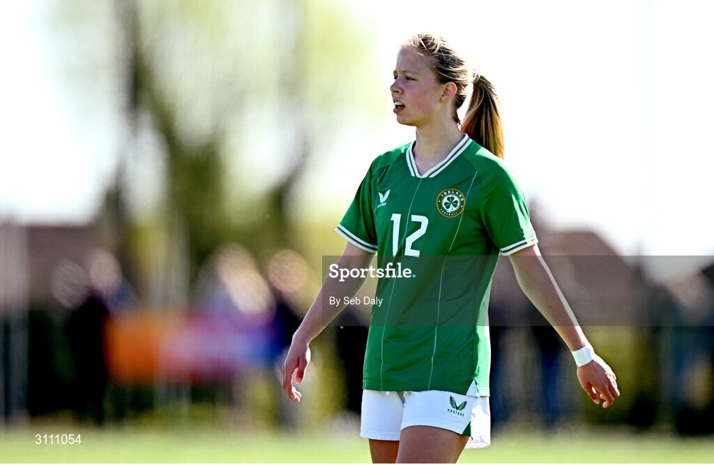 17 April 2025; Matylda Stelmaszek of Republic of Ireland during the Girls U15 SAFIB Bob Docherty Cup match between Northern Ireland and Republic of Ireland at Greenisland FC in Antrim. Photo by Seb Daly/Sportsfile