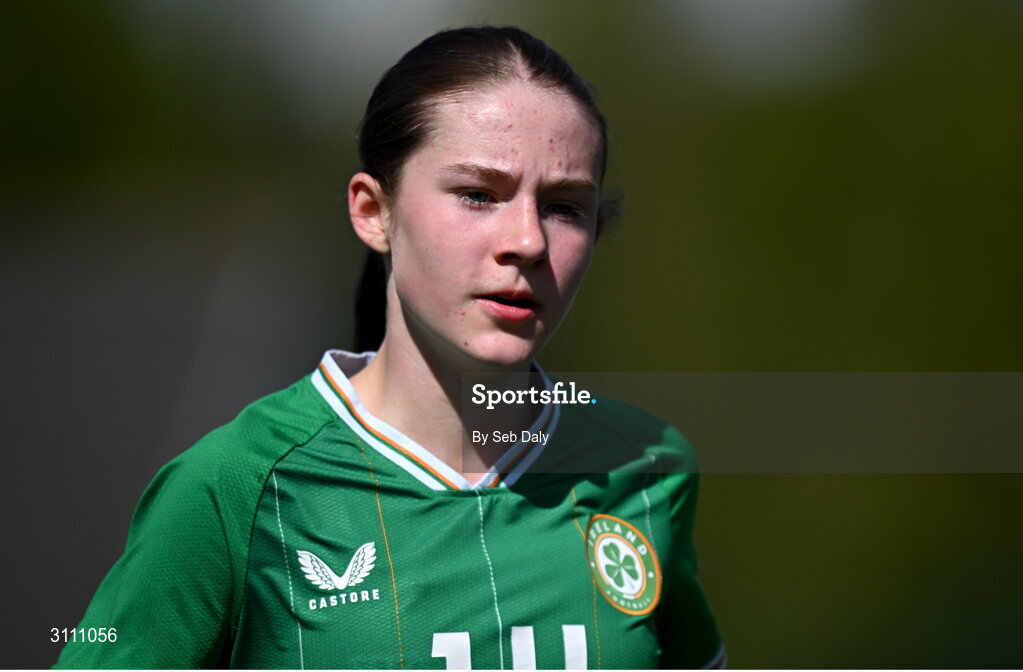 17 April 2025; Hailey Twomey of Republic of Ireland during the Girls U15 SAFIB Bob Docherty Cup match between Northern Ireland and Republic of Ireland at Greenisland FC in Antrim. Photo by Seb Daly/Sportsfile