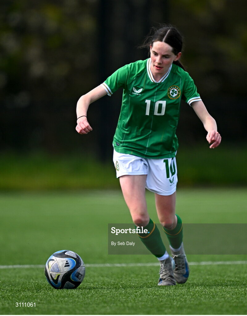 17 April 2025; Ellen Goggin of Republic of Ireland during the Girls U15 SAFIB Bob Docherty Cup match between Northern Ireland and Republic of Ireland at Greenisland FC in Antrim. Photo by Seb Daly/Sportsfile