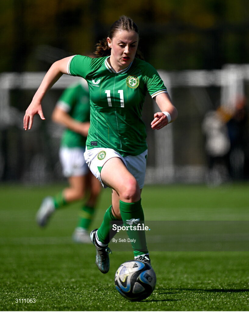 17 April 2025; Abbie Duffy of Republic of Ireland during the Girls U15 SAFIB Bob Docherty Cup match between Northern Ireland and Republic of Ireland at Greenisland FC in Antrim. Photo by Seb Daly/Sportsfile