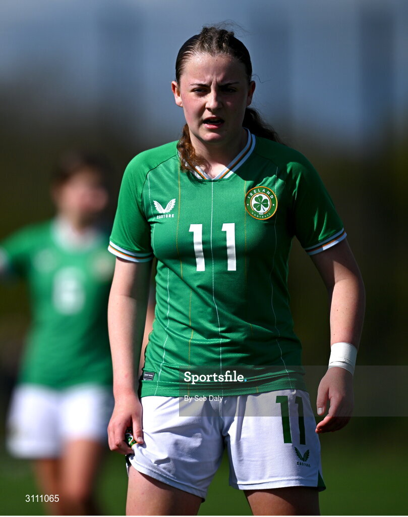 17 April 2025; Abbie Duffy of Republic of Ireland during the Girls U15 SAFIB Bob Docherty Cup match between Northern Ireland and Republic of Ireland at Greenisland FC in Antrim. Photo by Seb Daly/Sportsfile
