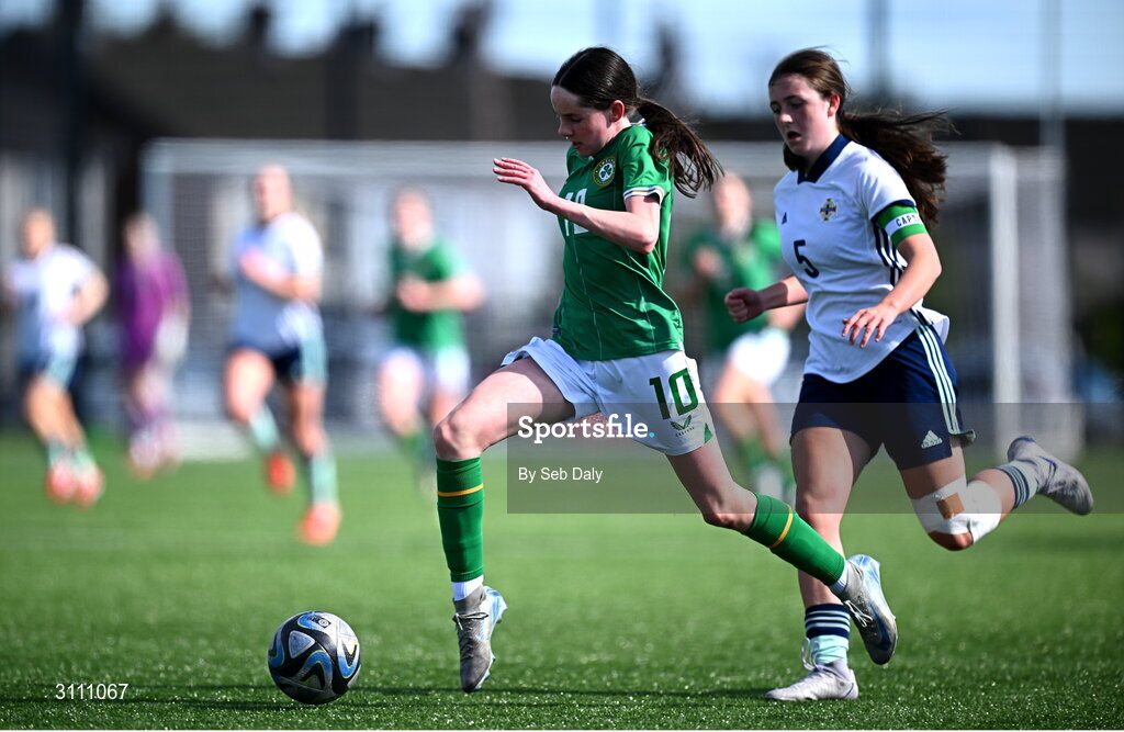 17 April 2025; Ellen Goggin of Republic of Ireland during the Girls U15 SAFIB Bob Docherty Cup match between Northern Ireland and Republic of Ireland at Greenisland FC in Antrim. Photo by Seb Daly/Sportsfile