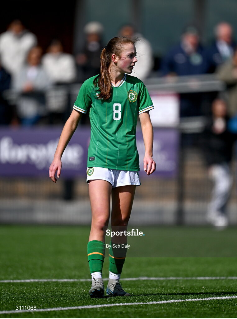 17 April 2025; Ruby Norris of Republic of Ireland during the Girls U15 SAFIB Bob Docherty Cup match between Northern Ireland and Republic of Ireland at Greenisland FC in Antrim. Photo by Seb Daly/Sportsfile