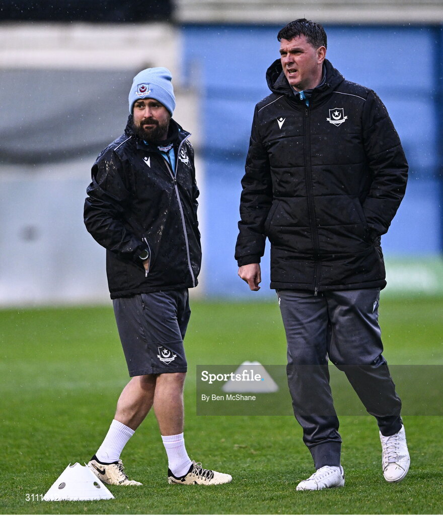 18 April 2025; Drogheda United manager Kevin Doherty, right, and Drogheda United coach Tiarnan Mulvenna before the SSE Airtricity Men's Premier Division match between Drogheda United and Shelbourne at Sullivan & Lambe Park in Drogheda, Louth. Photo by Ben McShane/Sportsfile