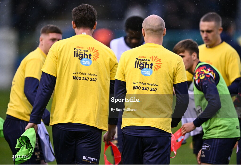 18 April 2025; A general view of the 'Darkness into Light' t-shirts worn by Shelbourne players before the SSE Airtricity Men's Premier Division match between Drogheda United and Shelbourne at Sullivan & Lambe Park in Drogheda, Louth. Photo by Ben McShane/Sportsfile