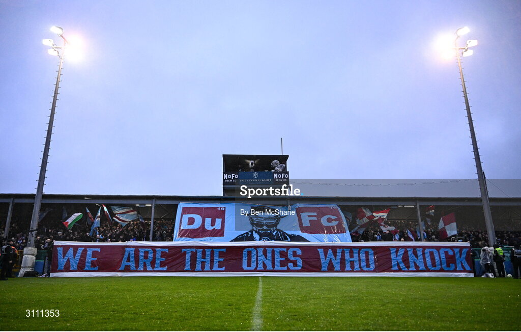 18 April 2025; Drogheda United supporters before the SSE Airtricity Men's Premier Division match between Drogheda United and Shelbourne at Sullivan & Lambe Park in Drogheda, Louth. Photo by Ben McShane/Sportsfile