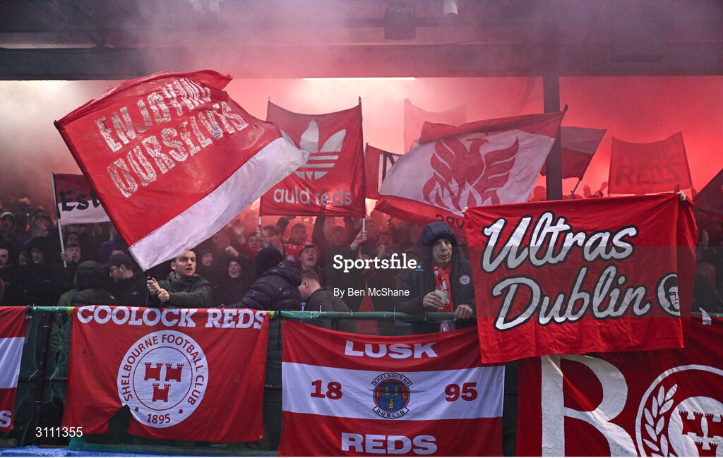 18 April 2025; Shelbourne supporters before the SSE Airtricity Men's Premier Division match between Drogheda United and Shelbourne at Sullivan & Lambe Park in Drogheda, Louth. Photo by Ben McShane/Sportsfile