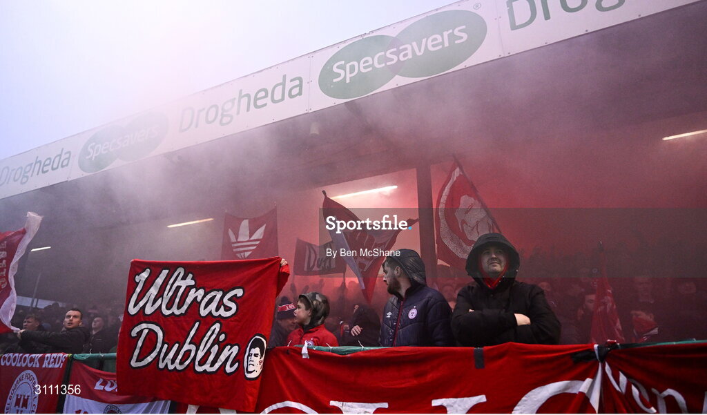 18 April 2025; Shelbourne supporters before the SSE Airtricity Men's Premier Division match between Drogheda United and Shelbourne at Sullivan & Lambe Park in Drogheda, Louth. Photo by Ben McShane/Sportsfile
