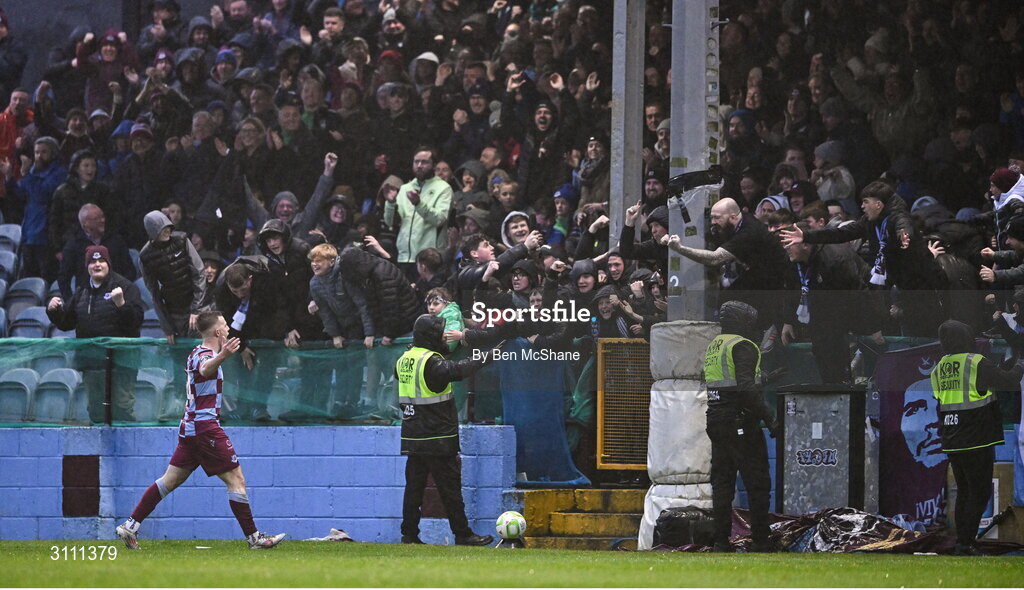 18 April 2025; Warren Davis of Drogheda United celebrates after scoring their side's first goal during the SSE Airtricity Men's Premier Division match between Drogheda United and Shelbourne at Sullivan & Lambe Park in Drogheda, Louth. Photo by Ben McShane/Sportsfile