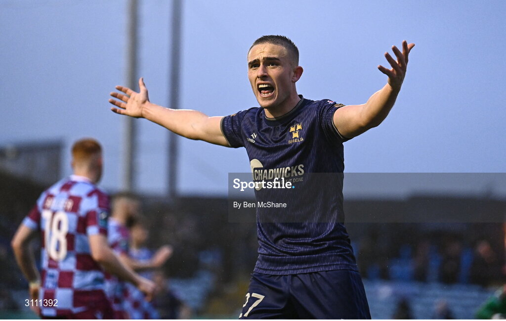 18 April 2025; Evan Caffrey of Shelbourne reacts during the SSE Airtricity Men's Premier Division match between Drogheda United and Shelbourne at Sullivan & Lambe Park in Drogheda, Louth. Photo by Ben McShane/Sportsfile