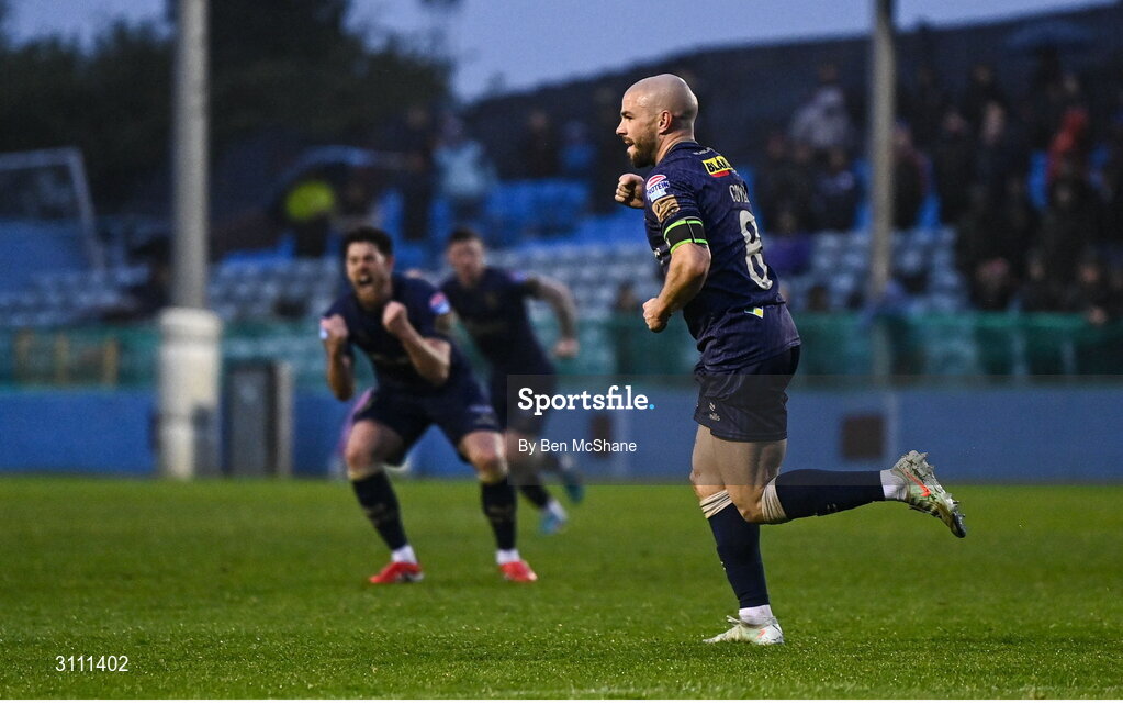 18 April 2025; Mark Coyle of Shelbourne celebrates after scoring his side's first goal during the SSE Airtricity Men's Premier Division match between Drogheda United and Shelbourne at Sullivan & Lambe Park in Drogheda, Louth. Photo by Ben McShane/Sportsfile