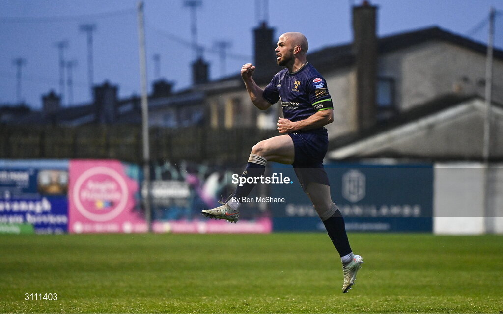 18 April 2025; Mark Coyle of Shelbourne celebrates after scoring his side's first goal during the SSE Airtricity Men's Premier Division match between Drogheda United and Shelbourne at Sullivan & Lambe Park in Drogheda, Louth. Photo by Ben McShane/Sportsfile