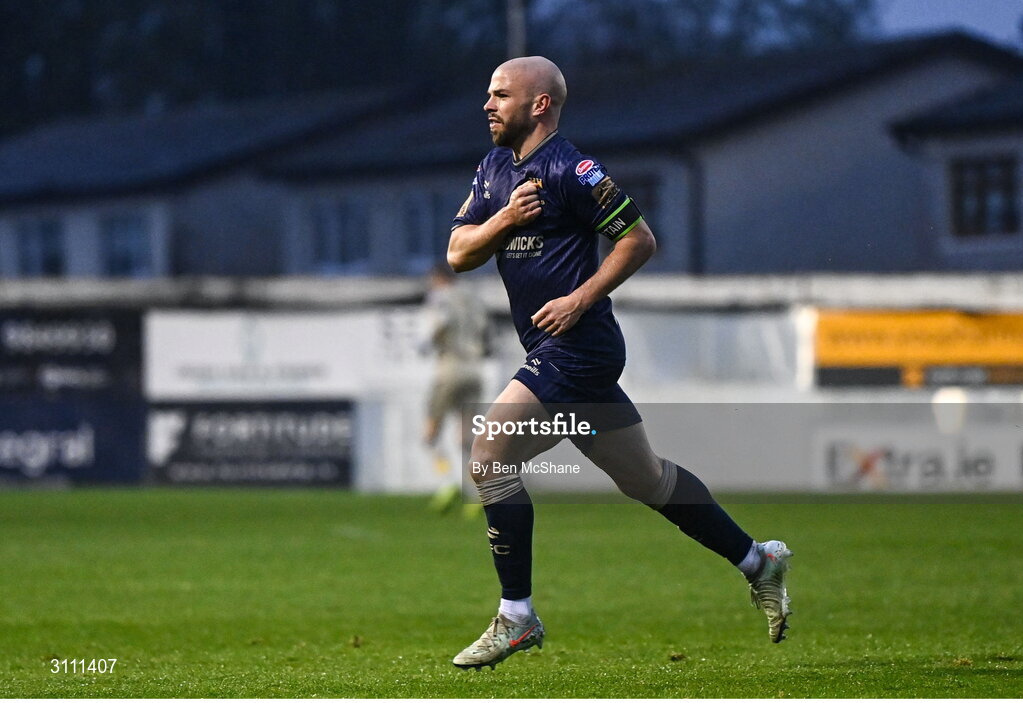 18 April 2025; Mark Coyle of Shelbourne celebrates after scoring his side's first goal during the SSE Airtricity Men's Premier Division match between Drogheda United and Shelbourne at Sullivan & Lambe Park in Drogheda, Louth. Photo by Ben McShane/Sportsfile