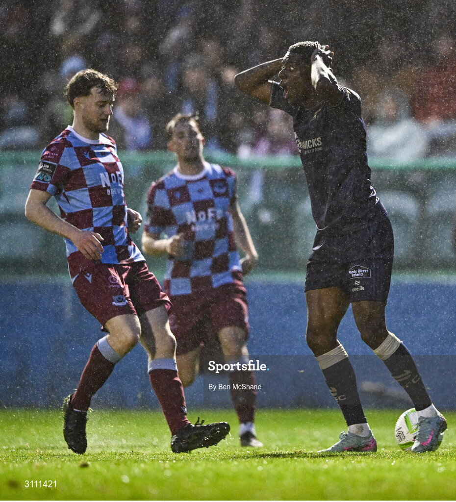 18 April 2025; Mipo Odubeko of Shelbourne reacts after being called offside during the SSE Airtricity Men's Premier Division match between Drogheda United and Shelbourne at Sullivan & Lambe Park in Drogheda, Louth. Photo by Ben McShane/Sportsfile