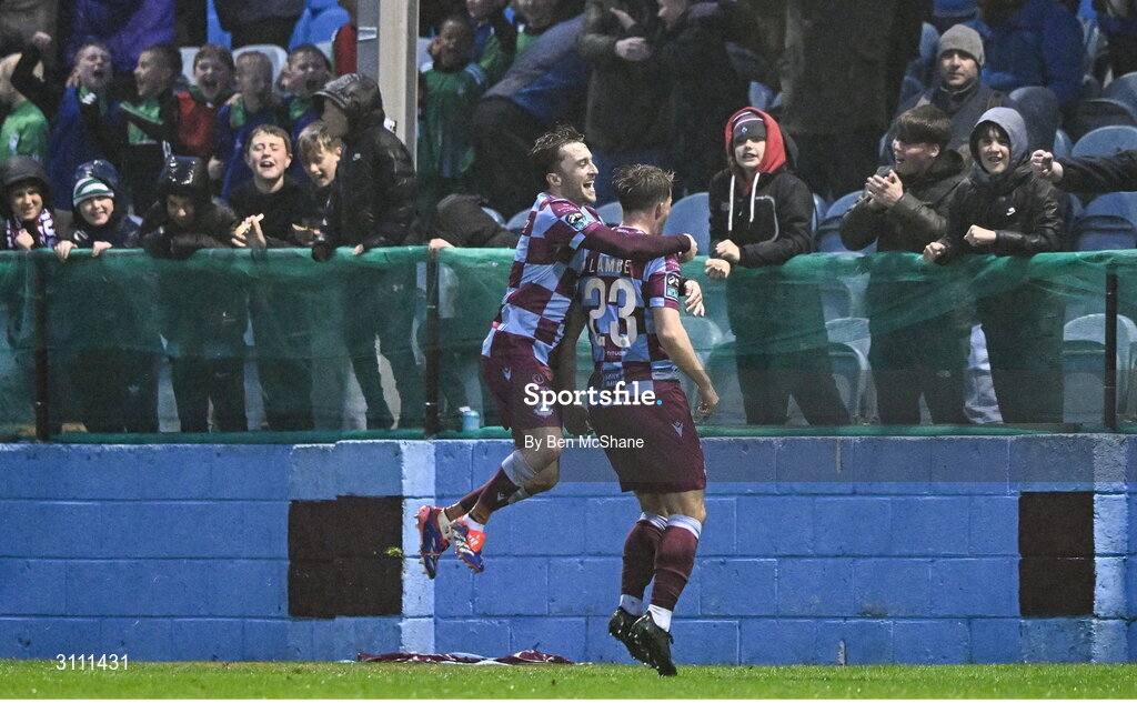 18 April 2025; Owen Lambe of Drogheda United celebrates with team-mate Darragh Markey after scoring their side's second goal during the SSE Airtricity Men's Premier Division match between Drogheda United and Shelbourne at Sullivan & Lambe Park in Drogheda, Louth. Photo by Ben McShane/Sportsfile