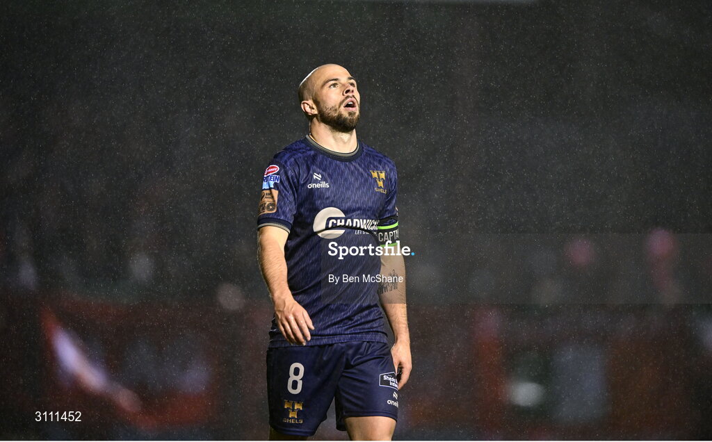 18 April 2025; Mark Coyle of Shelbourne reacts during the SSE Airtricity Men's Premier Division match between Drogheda United and Shelbourne at Sullivan & Lambe Park in Drogheda, Louth. Photo by Ben McShane/Sportsfile