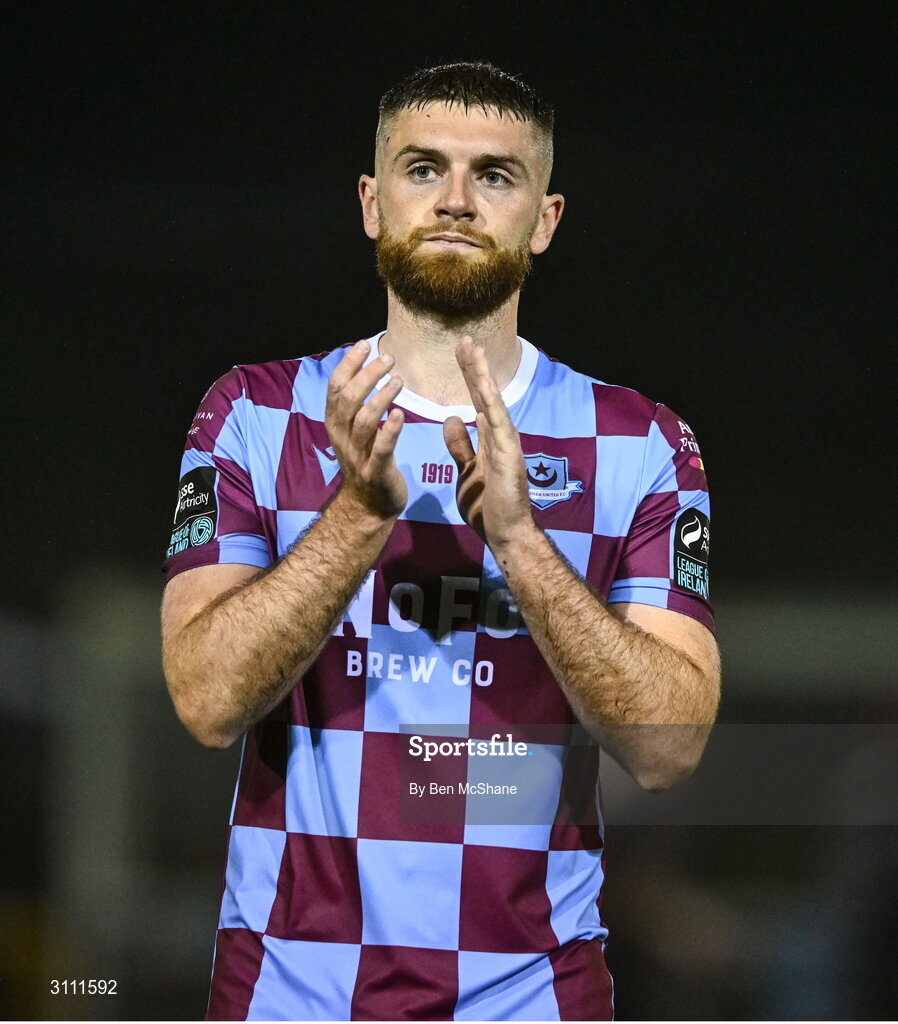 18 April 2025; Conor Keeley of Drogheda United after the SSE Airtricity Men's Premier Division match between Drogheda United and Shelbourne at Sullivan & Lambe Park in Drogheda, Louth. Photo by Ben McShane/Sportsfile