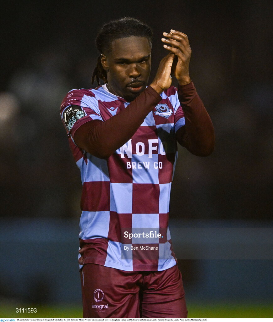 18 April 2025; Thomas Oluwa of Drogheda United after the SSE Airtricity Men's Premier Division match between Drogheda United and Shelbourne at Sullivan & Lambe Park in Drogheda, Louth. Photo by Ben McShane/Sportsfile