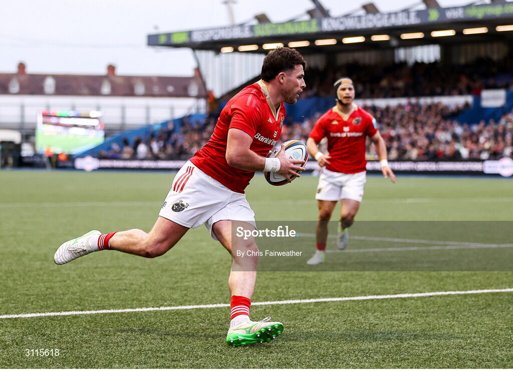 25 April 2025; Calvin Nash of Munster runs in to score his side's first try during the United Rugby Championship match between Cardiff and Munster at Cardiff Arms Park in Cardiff, Wales. Photo by Chris Fairweather/Sportsfile