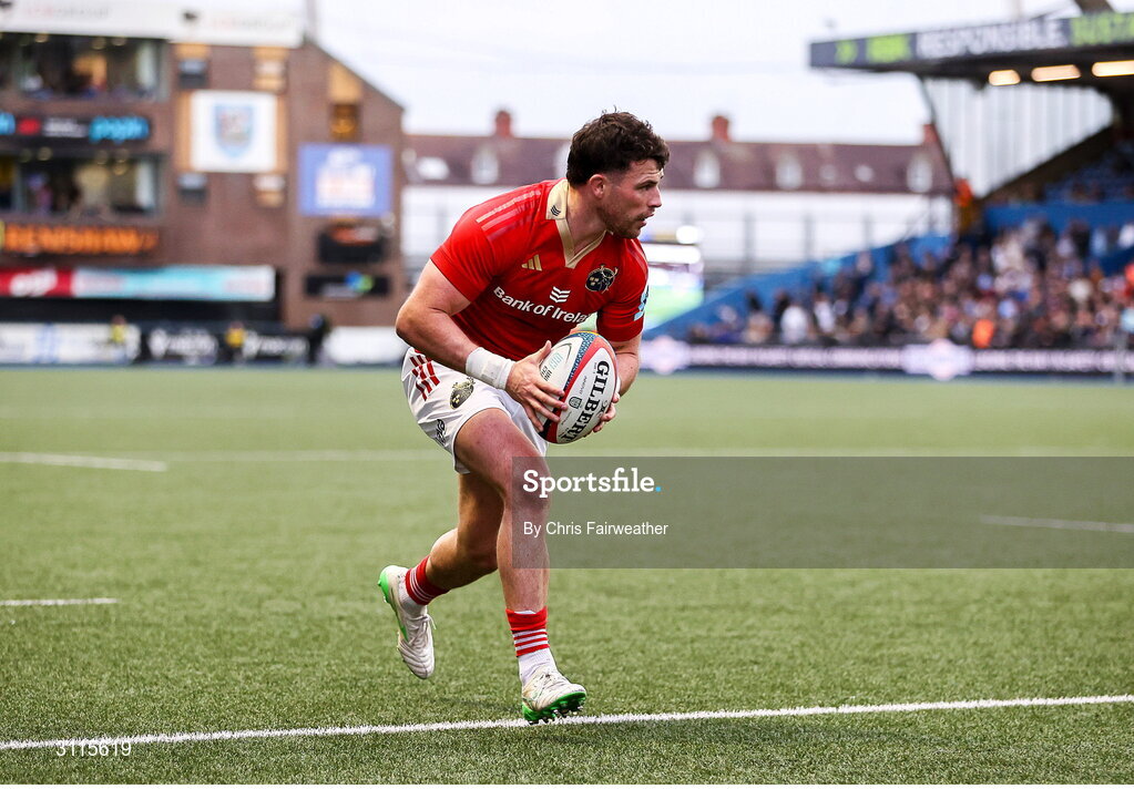 25 April 2025; Calvin Nash of Munster runs in to score his side's first try during the United Rugby Championship match between Cardiff and Munster at Cardiff Arms Park in Cardiff, Wales. Photo by Chris Fairweather/Sportsfile