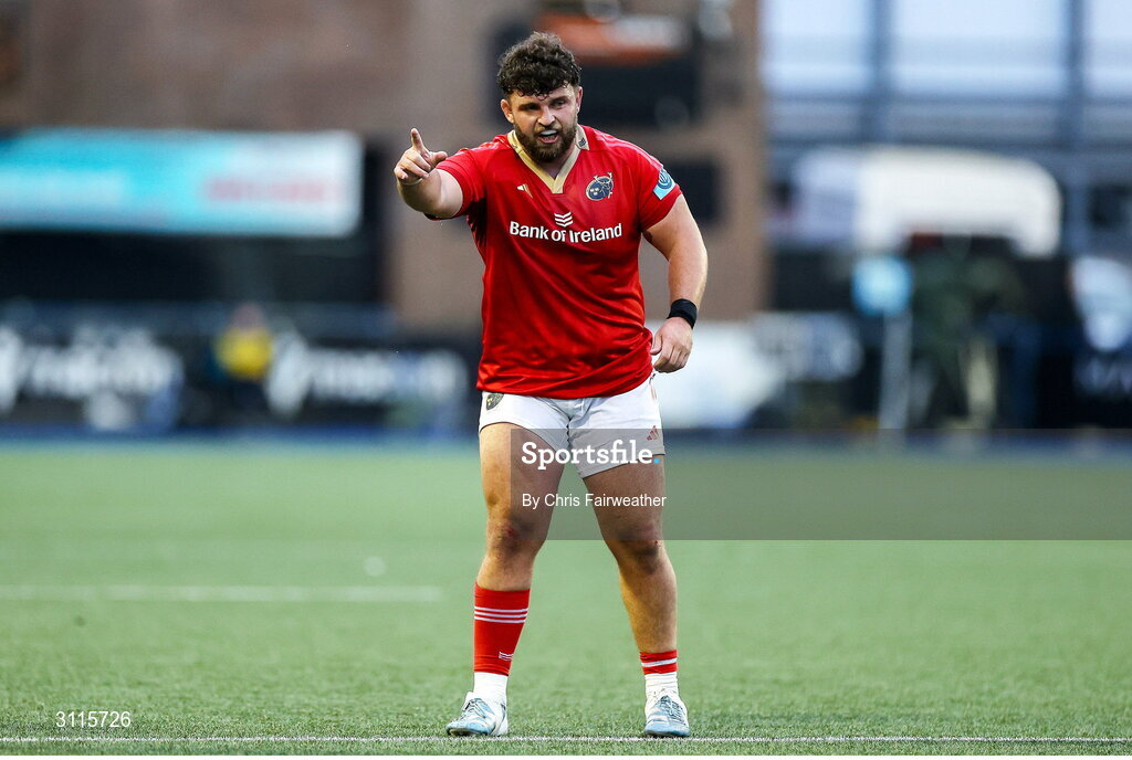 25 April 2025; Michael Milne of Munster during the United Rugby Championship match between Cardiff and Munster at Cardiff Arms Park in Cardiff, Wales. Photo by Chris Fairweather/Sportsfile