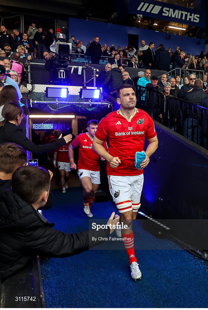25 April 2025; Captain Tadhg Beirne leads out the Munter side before the United Rugby Championship match between Cardiff and Munster at Cardiff Arms Park in Cardiff, Wales. Photo by Chris Fairweather/Sportsfile