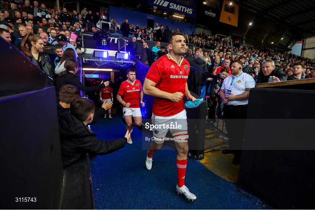 25 April 2025; Captain Tadhg Beirne leads out the Munter side before the United Rugby Championship match between Cardiff and Munster at Cardiff Arms Park in Cardiff, Wales. Photo by Chris Fairweather/Sportsfile