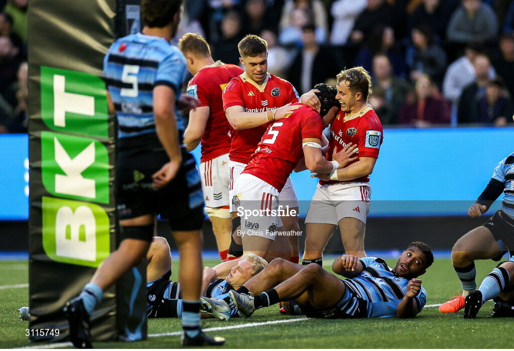 25 April 2025; Mike Haley of Munster celebrates with team mates after scoring his side's second try during the United Rugby Championship match between Cardiff and Munster at Cardiff Arms Park in Cardiff, Wales. Photo by Chris Fairweather/Sportsfile