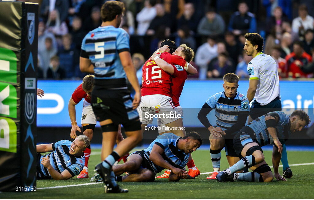 25 April 2025; Mike Haley of Munster celebrates with team mates after scoring his side's second try during the United Rugby Championship match between Cardiff and Munster at Cardiff Arms Park in Cardiff, Wales. Photo by Chris Fairweather/Sportsfile