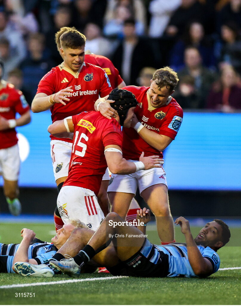 25 April 2025; Mike Haley of Munster celebrates with team mates after scoring his side's second try during the United Rugby Championship match between Cardiff and Munster at Cardiff Arms Park in Cardiff, Wales. Photo by Chris Fairweather/Sportsfile