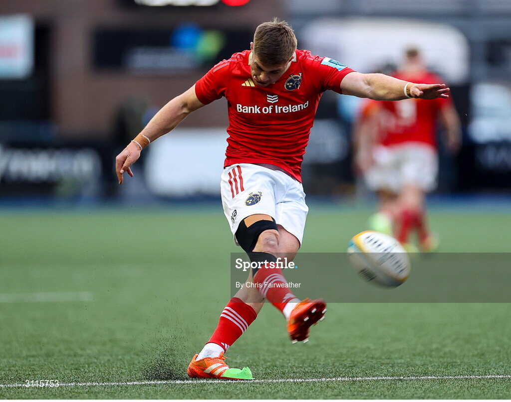 25 April 2025; Jack Crowley of Munster kicks a conversion during the United Rugby Championship match between Cardiff and Munster at Cardiff Arms Park in Cardiff, Wales. Photo by Chris Fairweather/Sportsfile