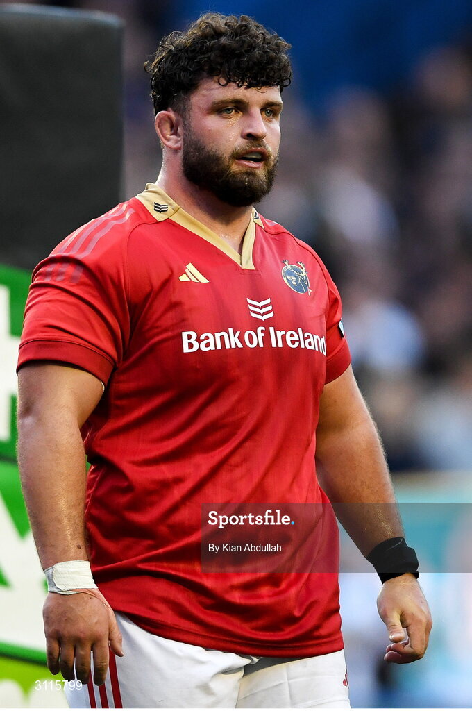 25 April 2025; Michael Milne of Munster on his debut during the United Rugby Championship match between Cardiff and Munster at Cardiff Arms Park in Cardiff, Wales. Photo by Kian Abdullah/Sportsfile