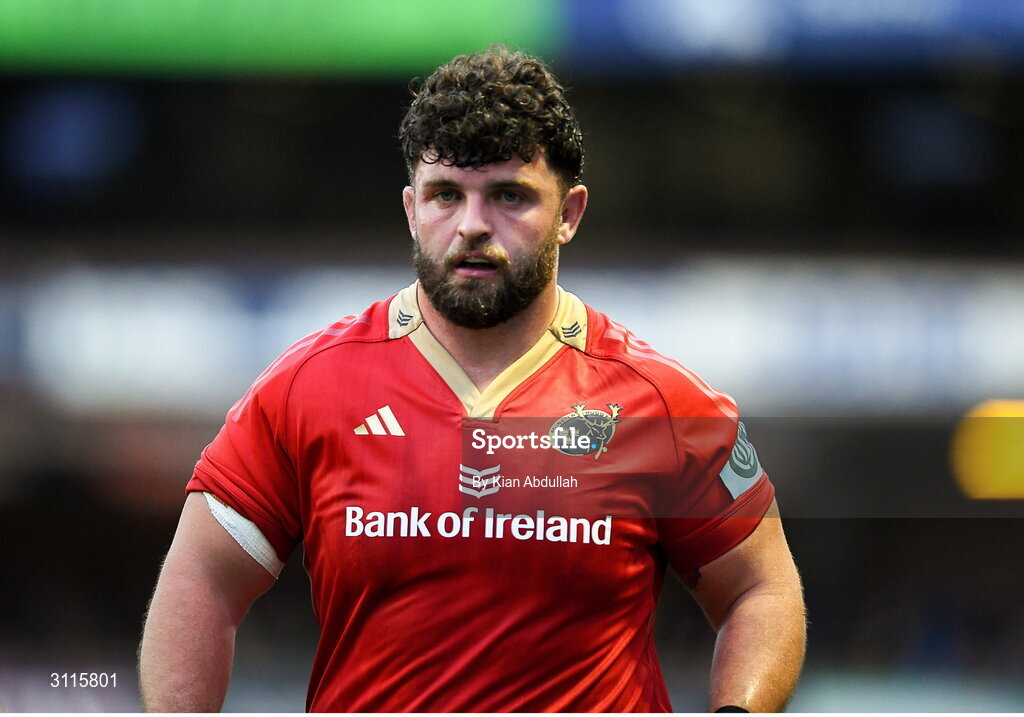 25 April 2025; Michael Milne of Munster on his debut during the United Rugby Championship match between Cardiff and Munster at Cardiff Arms Park in Cardiff, Wales. Photo by Kian Abdullah/Sportsfile