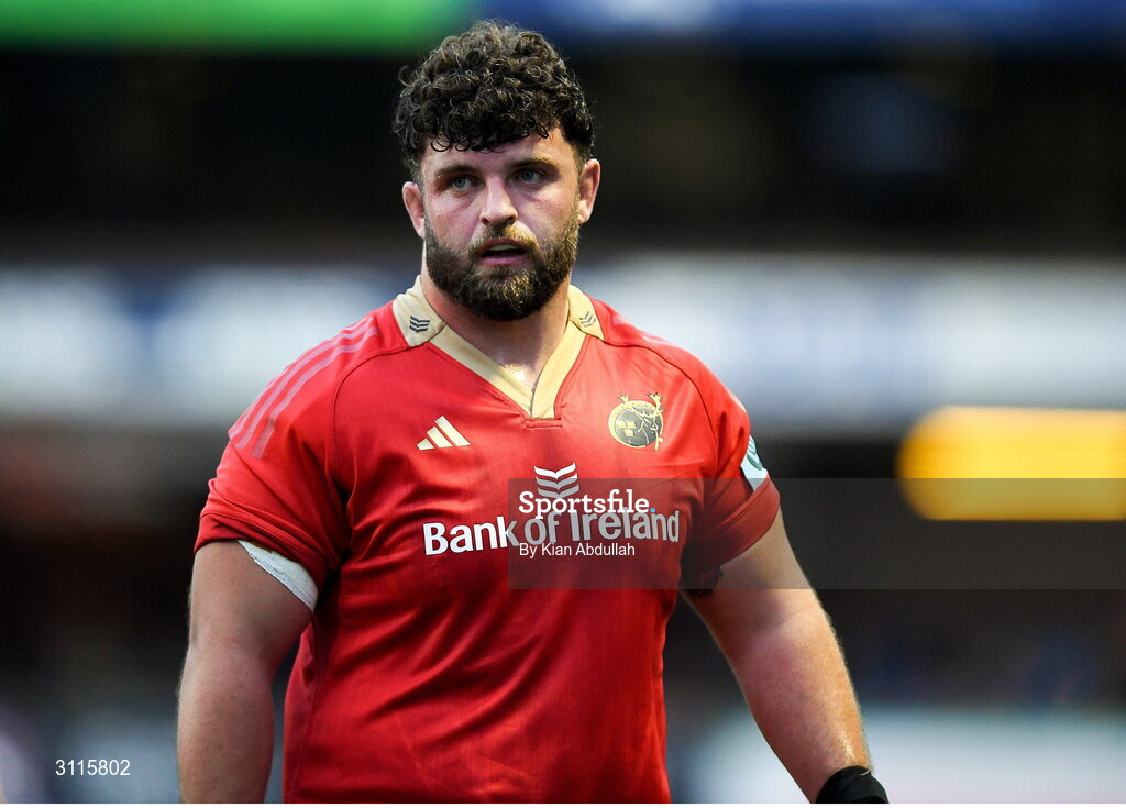 25 April 2025; Michael Milne of Munster on his debut during the United Rugby Championship match between Cardiff and Munster at Cardiff Arms Park in Cardiff, Wales. Photo by Kian Abdullah/Sportsfile